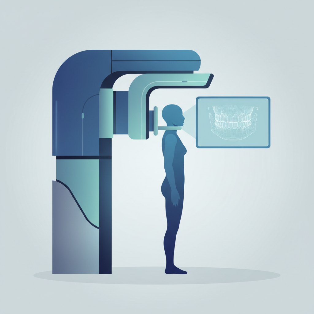 Uma ilustração mostrando o processo de uma radiografia panorâmica dental, com uma pessoa posicionada no aparelho e a imagem do raio-x sendo gerada.